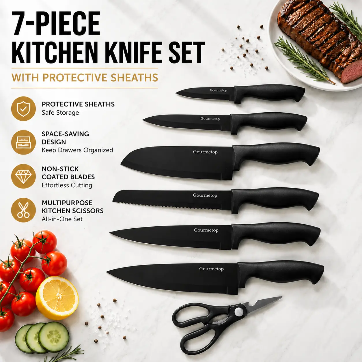 Gourmetop Knife Set, 7-Piece Kitchen Knife Set for Chef, Sharp Knife Set with Protective Sheaths, Anti-Rust Kitchen Knife Set, (Black) Stainless Steel Cutting Block-A