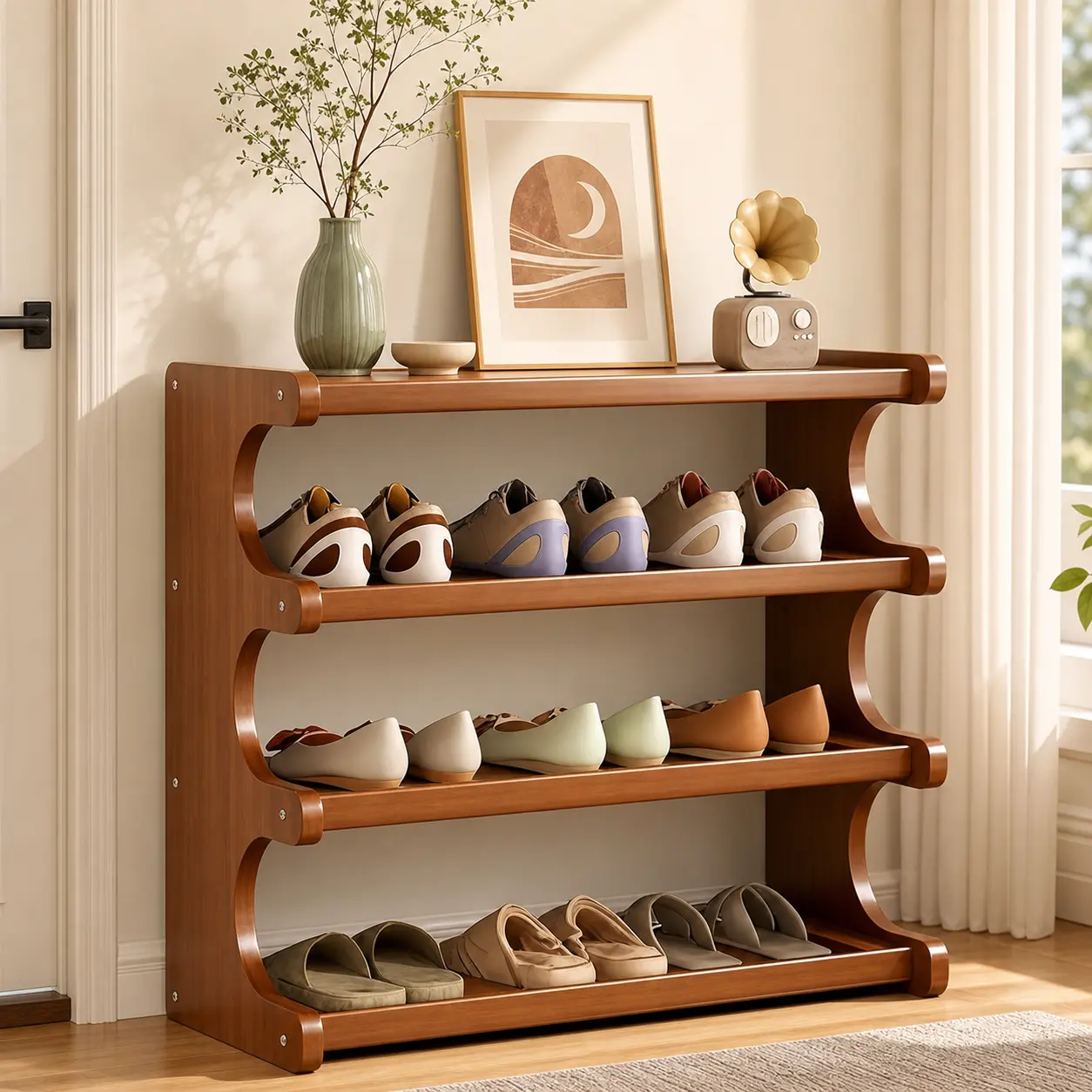 4/6 Tier Curved Zigzag Edge Wooden Shoe Rack, Freestanding Entryway Shoe Storage Organizer, Rustic Brown Wood Shoe Shelf Stand for Closet Hallway Bedroom Home Shoe Display Rack