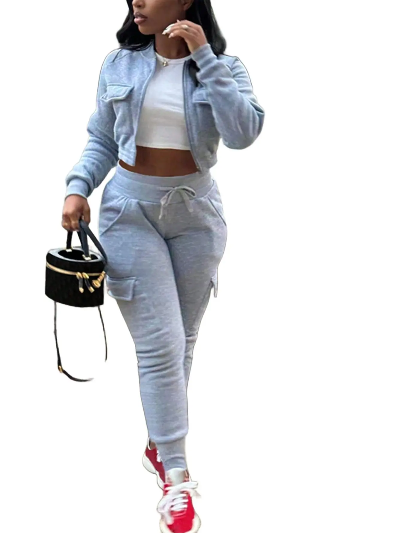 Women's 2-Piece Heavyweight Basic Ribbed Long Sleeve Sweatshirt & Thermal Lined Cargo Pants Set, Slim-Fitting Solid Grey Casual Sporty Chic Autumn Winter Warm Fleece Outfit, Machine Washable, Normal Type Regular Fit
