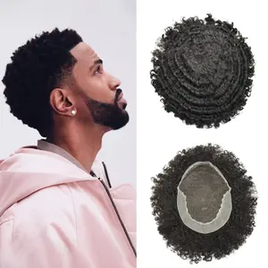 French Lace Afro Mens Toupee Brazilian Human Hair Piece fro African American Men French Lace with PU Afro Toupee for Men Bleached Knots Front 8x10 120% Medium Density Afro Hair Units