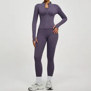 Women Long Sleeve Zipper Slim Sports Tops Hip Lifting Leggings 2Pcs Jacket Yoga Sets Fitness Running Workout Suits Tracksuit