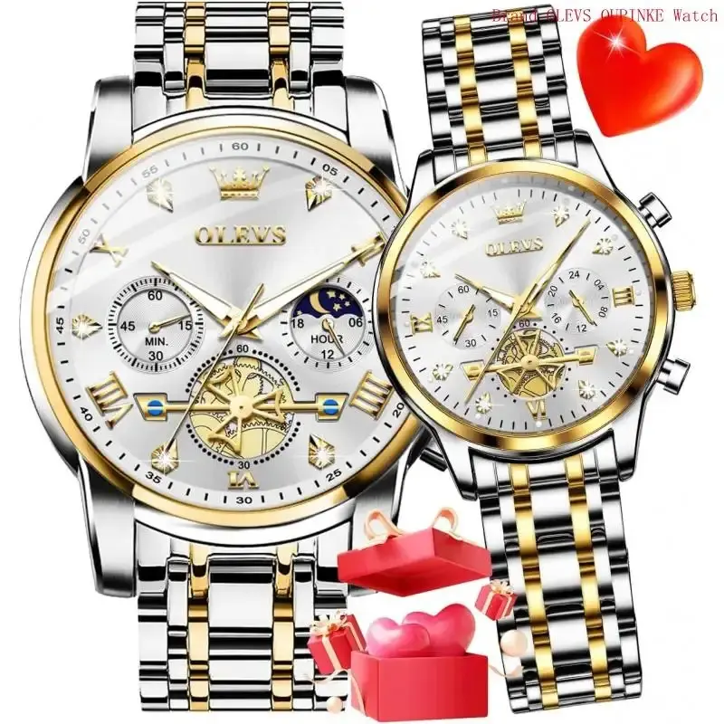 OLEVS Couple Watch His and Her Watch Set Mens Womens Matching Watch Diamond Romantic Valentine’s Day Chronograph Watch Custom engraving.Max 12 letters or numbers