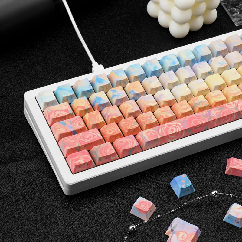 Rose Coast Gradient Oil Painting Style PBT Keycaps Compatible with 61/64/87/104/108 Cherry Switches Side-Engraved Transparent Keycaps Five-Sided Dye-Sublimation Custom Mechanical Keycaps Wear-Resistant Non-Transparent