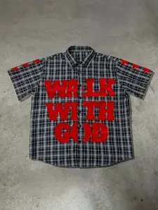 Street Style 'walk with God' Plaid Print Shirt, Y2K Vintage Hip-Hop Men's Casual Top, Fashionable and Comfortable Menswear