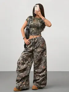 Women's Camouflage Tree Branch Cropped T-shirt + Wide-leg Pants Two-piece Set - Tree Pattern Leaf Camouflage Print Y2K Hot Girl Style Casual Outfit