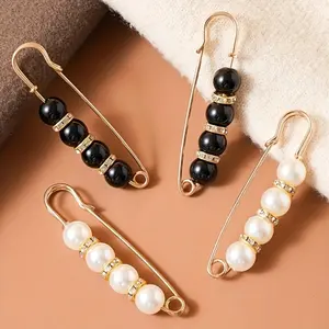 Fashionable Faux Pearl & Rhinestone Decorated Safety Pin, 4 Counts/set Waist Pin, Waist Artifact Pants Waist Big Change Small Tighten Artifact Brooch Pin