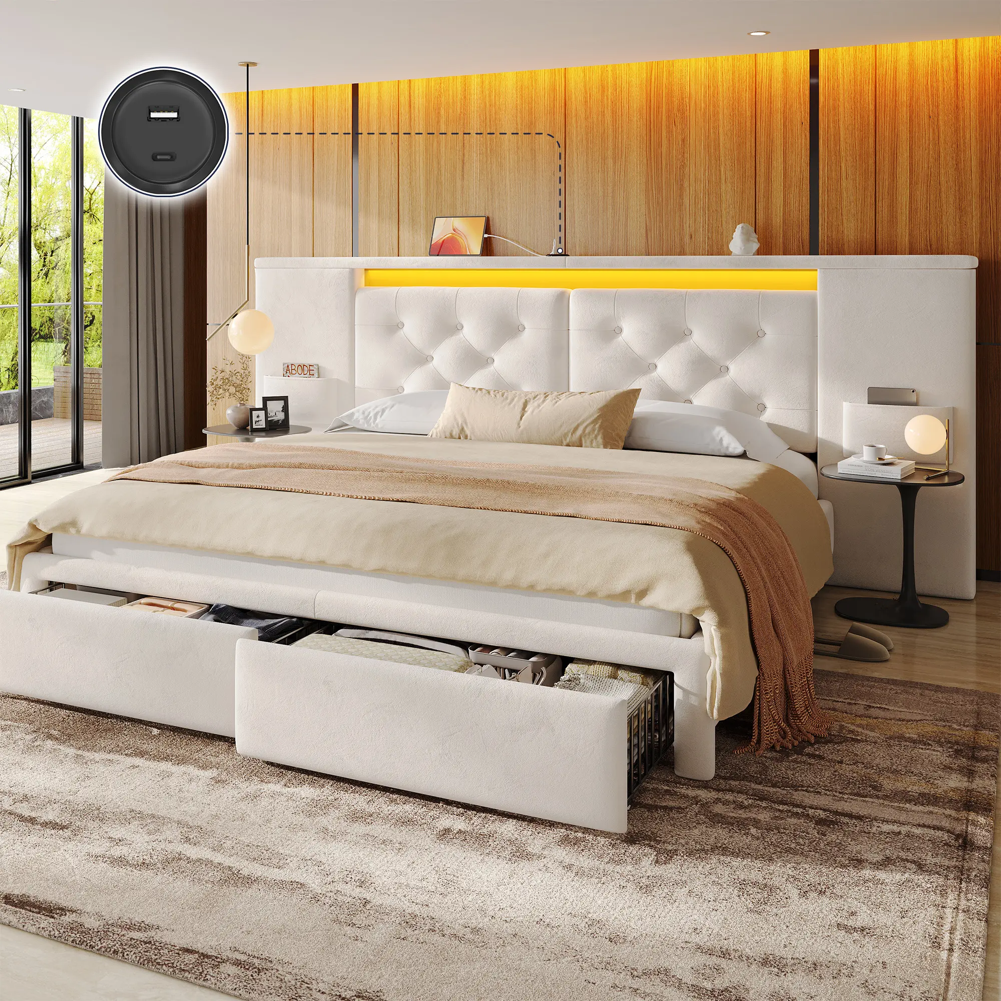 Raybee Luxury Upholstered Queen Bed Frame with 2 Drawers, Velvet Oversized Tufted Storage 89.5" Wide Headboard with LED Lights & Charging Ports, Platform Bedframes No Box Spring, Grey, Beige