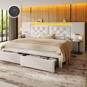 Raybee Luxury Upholstered Queen Bed Frame with 2 Drawers, Velvet Oversized Tufted Storage 89.5" Wide Headboard with LED Lights & Charging Ports, Platform Bedframes No Box Spring, Grey, Beige