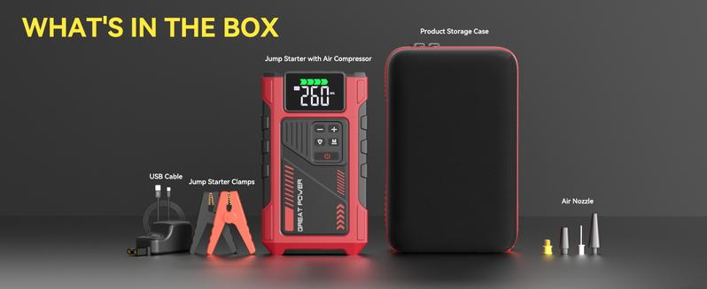 Jump Starter with Air Compressor, 5000A 150PSI Car Battery Jump Starter (8.5 Gas/7.0L Diesel), 12V Jump Box Car Battery Jumper Starter Portable with Jumper Cables, LCD Display, Lights Vehicle