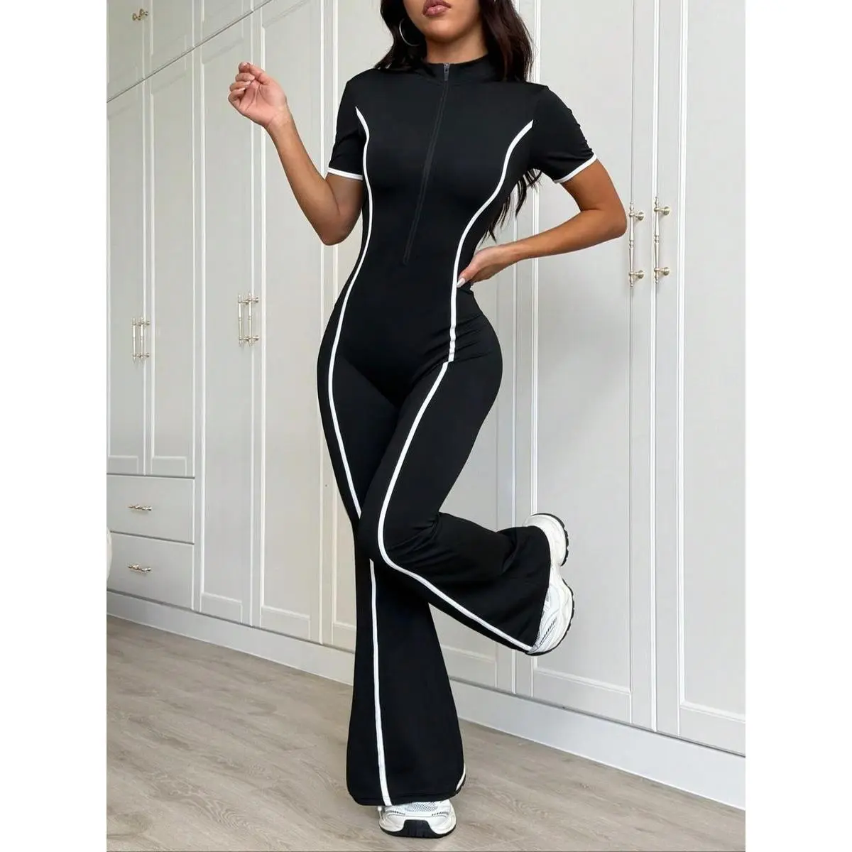 Women's Colorblock Yoga Jumpsuit in Polar Fleece with Front Zipper for Yoga Sessions, Casual Year-Round Use, Long Sleeve, Knitting, Slim Fit, Female, Activewear, Zipper Detail, Yoga Outings