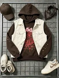 Y2k Men's Hooded Sweatshirt, Spider Web Pattern, Letter Print, Colorful Stars, Street Punk Style, Casual Fitted, Fall & Winter, Graphic Hoodie