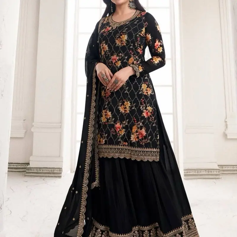 INDIAN DESIGNER CHINON SILK FLORAL DIGITAL PRINT EMBROIDERY SEQUENCE WORK TOP PALAZZO