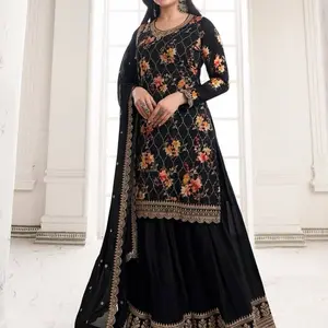 INDIAN DESIGNER CHINON SILK FLORAL DIGITAL PRINT EMBROIDERY SEQUENCE WORK TOP PALAZZO