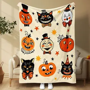 Vintage Halloween Blanket with Cat & Pumpkin Design, Soft Velvet Throw for All Seasons, Perfect Fall Decor Gift, Flannel Throw Blanket