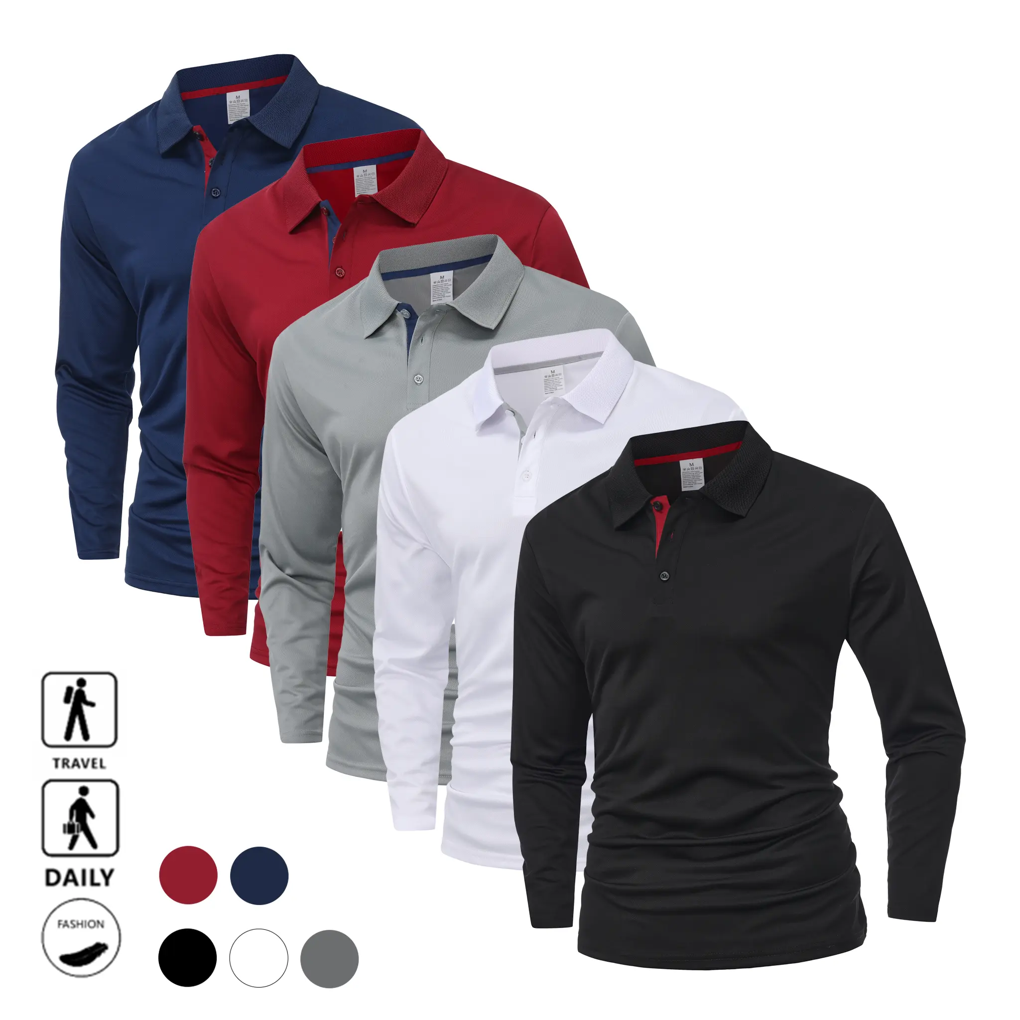 3/1  pack; Men’s long-sleeve polo shirt with turn-down collar, casual slim fit; menswear; breathable solid-color design, multi-button top; suitable for year-round wear and daily commuting, Classic, Collared ideal choice business travel