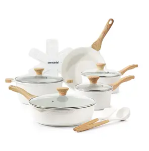 SENSARTE Nonstick Pots and Pans Set, 17 Pieces Non Stick Granite Cookware Set, Induction Kitchen Cookware Sets Gray, PFOA Free,Ceramic White