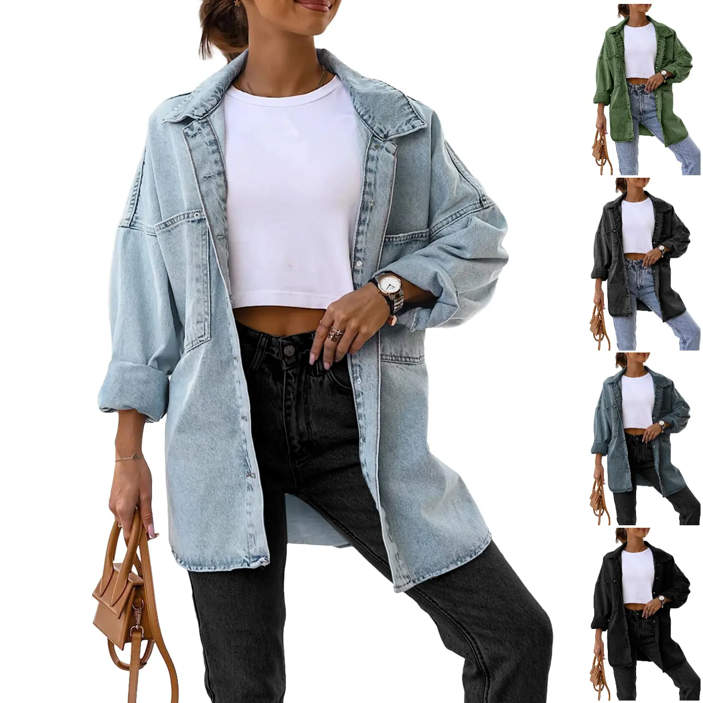 Goranbon Women's Oversized Denim Jackets Casual Button Down Long Boyfriend Jean Coats with Pockets
