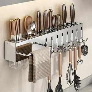 Stainless Steel Kitchen Knife Holder Rack, Multi-Functional No Drilling Knife Stand, Wall Mounted Utensil Storage Organizer
