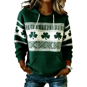 Women's St. Patrick's Day Waffle Knit Hoodie - Shamrock Print Pullover with Multiple Color Options for Holiday Outfit