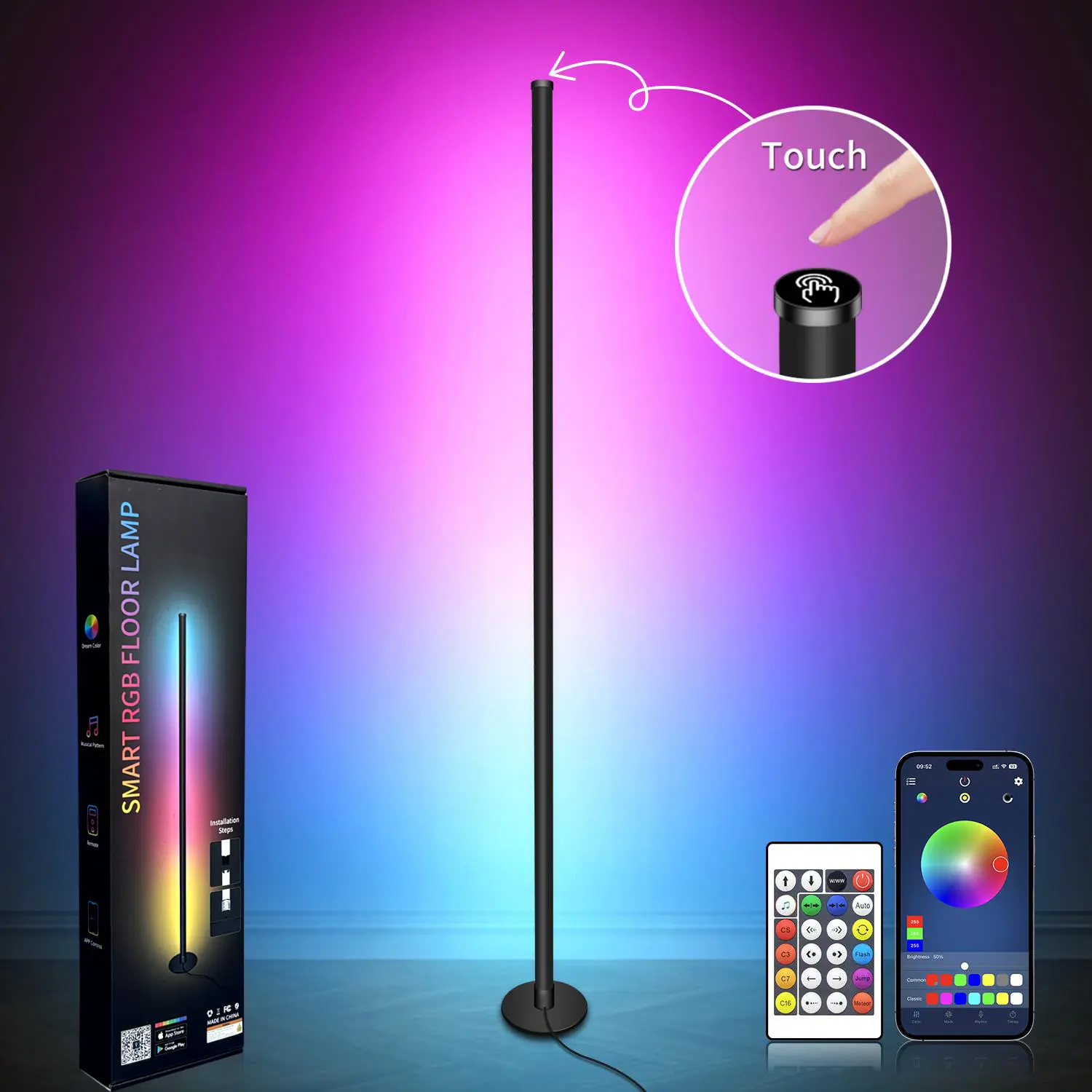 Smart RGB LED Corner Floor Lamp –  App & Remote Control, Music Sync, 16M Colors – Modern Ambient Lighting for Living Room, Bedroom, Gaming Room