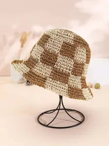 Handmade Crochet Bucket Hat, Checkered Straw Hat, Summer Sale Hat