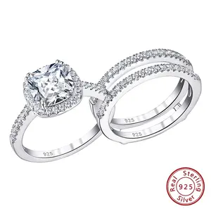 Solid 925 Sterling Silver Engagement Ring Set for Women Guard Wedding Band Halo Cushion Cut AAAAA CZ Minimalist Jewelry BR1189 #Love Story