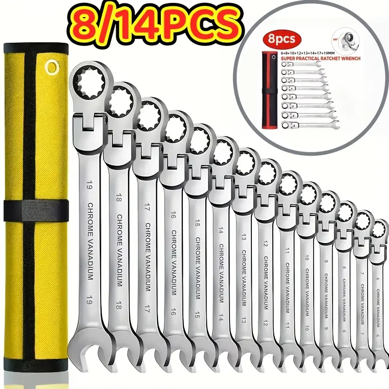 NANWEI 8/14pcs Multifunctional Ratchet Wrench Set, Adjustable Ratchet Wrench Kit, Metric, 6-19 Mm, 72 Teeth, Cr-V Steel Ratchet Wrench Set, Comes with a Storage , Suitable for Home, Automotive, Mechanical Use, And a Great Gift Option