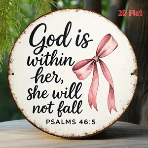 Coquette Room Decor "God Is Within Her" Round Tin Sign - Pink Bow Bible Verse Wall Art - Psalm 46:5 Scripture Plaque for Teen Girl & Dorm - Christian Faith Gift - 8 Inch Circle