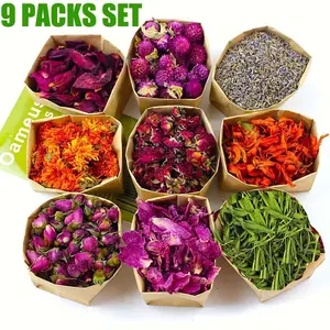 9 Packs Set Dried Flowers,Dried Plants For DIY Aromatherapy Candle Making,Soap Making,Jewelry Making,DIY Handicrafts,Christmas gifts,Mother's Day decorations,Halloween decorations,Forget-me-nots, Jasmine Flowers, Lavender,Chrysanthemums,Roses, Lily,Peony