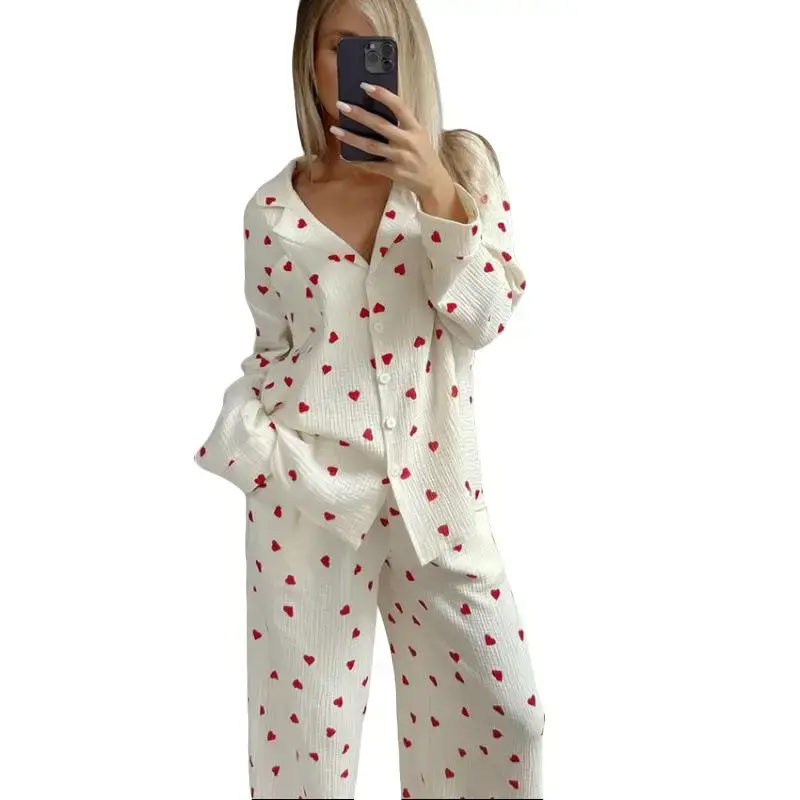 Women Heart Print 2 Piece Cotton Pajama Set, Crinkled Look Loungewear, Button Down Long Sleeve Shirt & Wide Leg Pants, Casual Sleepwear With Pockets