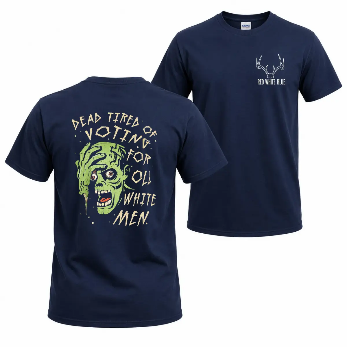 Dead Tired Voting Graphic T-Shirt, Political Humor Tee, Zombie Face Old White Men Design, Large Back Print With Front Antler Logo, Election Season Gift For Voters And Political Humor Fans, Unisex Casual Shirt