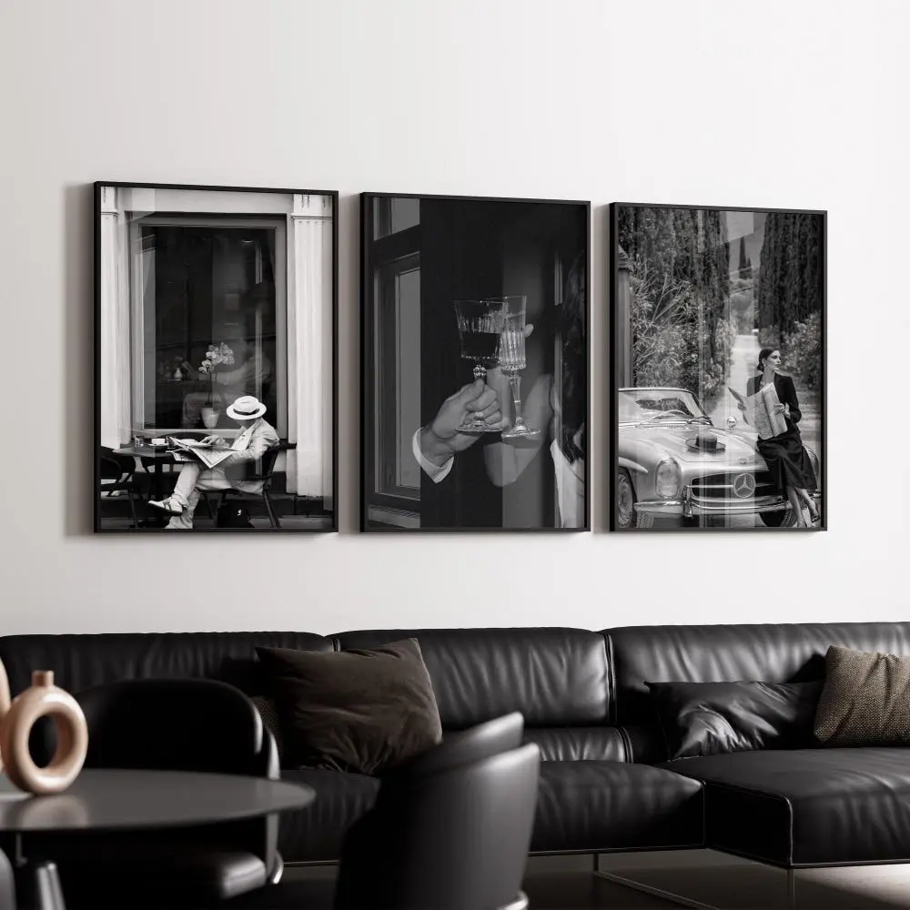 Old Money Wall Art Set of 3, Vintage Luxury Prints, Mercedes 300SL Car Poster, Champagne Toast Art, Digital Download Noir Decor Set