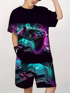 Summer Kids Handle Fashion Casual Top Tee Set, Round Neck Short Sleeve T-Shirt Set, Boy Game Handle Colorful Paint Graphic Print Shirt Game Shirts