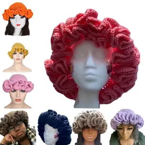 Women'S  Knitted Ruffle Beanie, Polyester Elastic Hollow Side Bucket Hat, Breathable Knit Skull Cap with Folding Design