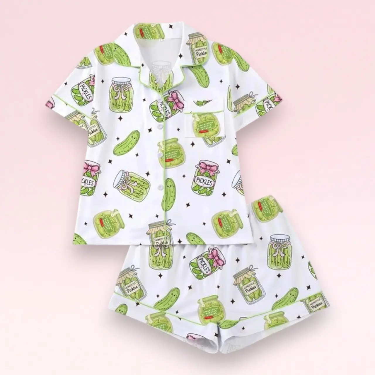 Women’s Cute Pickle Print Pajama Set, Short Sleeve Button Down Sleep Shirt & Matching Shorts, Soft Lightweight Sleepwear, Funny Food Graphic Loungewear, Cozy Summer Nightwear, Relaxed Homewear Gift for Women