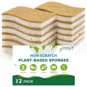 12 Pack Natural Biodegradable Kitchen Non Scratch Sponges,Compostable Plant Based Coconut Cellulose Sponge,Eco Friendly Reusable Dish Scrubber Sponge for Pots, Pans & Household Cleaning
