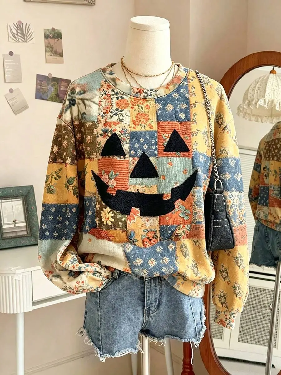 Women's Plus Size Halloween Sweatshirt - Crew Neck Patchwork Digital Print for Pumpkin Patch