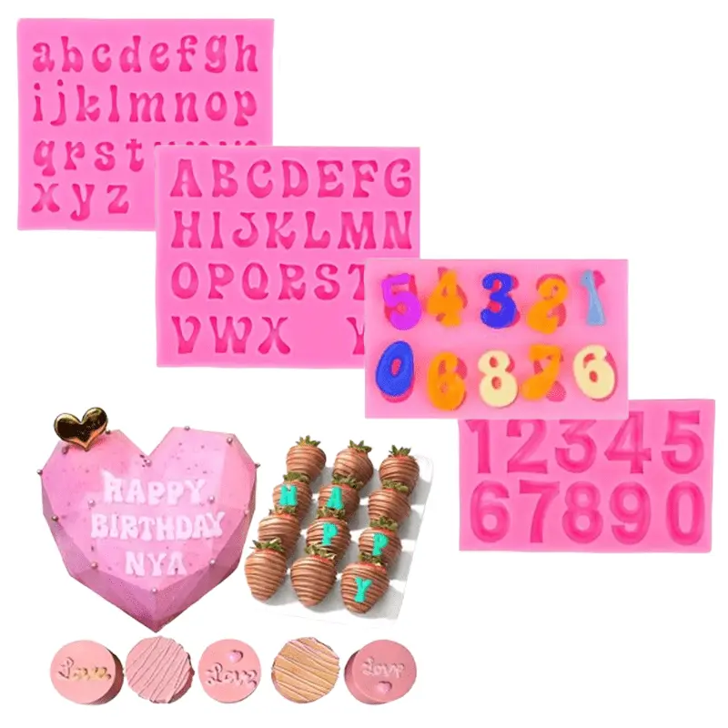 4PCS Flexible Food-Safe Silicone Letter & Number Molds Set - Non-Stick 26 Letters, 0-9 Numbers Tool with Different Sizes for Dessert Cake Decorating, Cupcake Toppers (Suitable for Kids/Adults), Bakeware