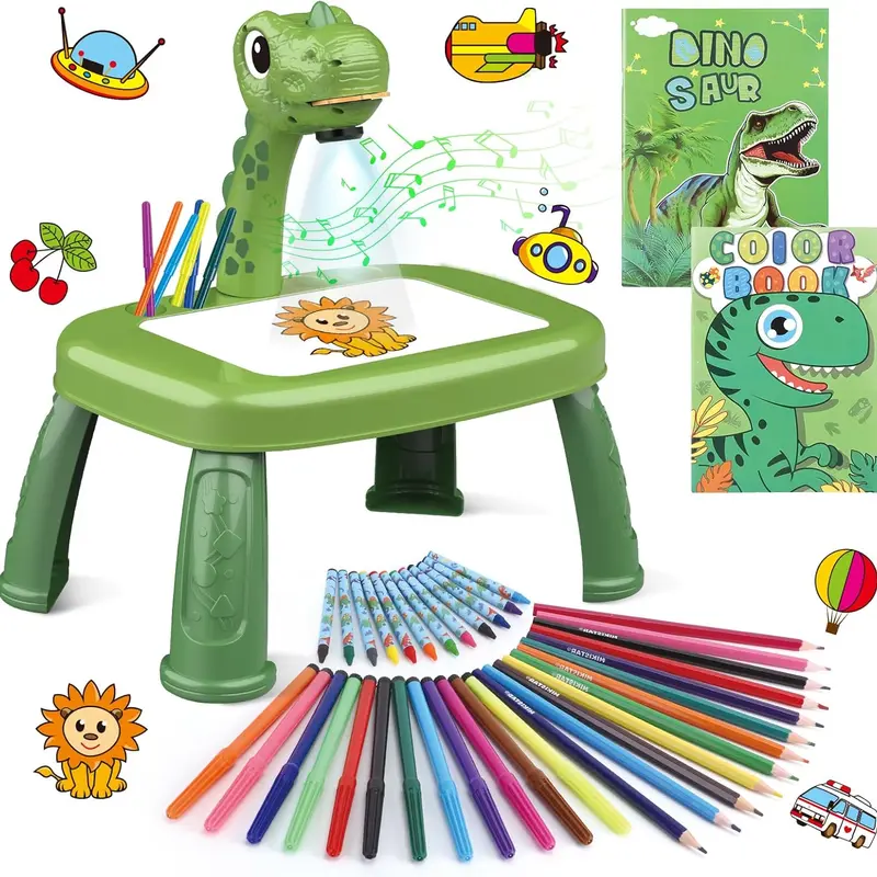 Dinosaur Drawing Projector Craft Set for 3-4 Years Children, ABS Plastic Educational Arts and Crafts Toy with Art Sketchbooks, Drawing Board, Watercolor Pens, Pencils, Crayons, Stamps, Coloring Books, Switch, Unicorn Stickers, Scrapbook Supplies