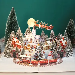 3D Pop-Up Christmas Card, Santa Claus, Reindeer, Snow Village, Moonlit Sky, Holiday Greeting Cards for Friends and Family, Custom Message Card