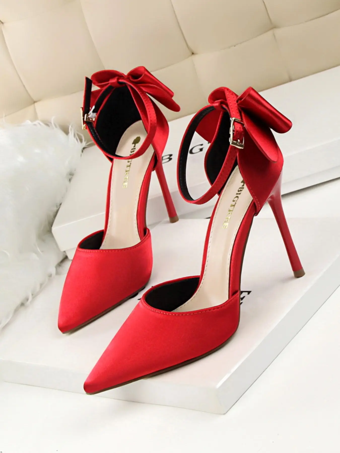 Elegant Stylish Classy Satin Bow Pointed Toe High Heels Stiletto, Party Focus Shoes, Glossy Fabric, Ankle Big Bow, Slimming Effect, Perfect for Evening Parties, Wedding Heels, Elegant Stilettos