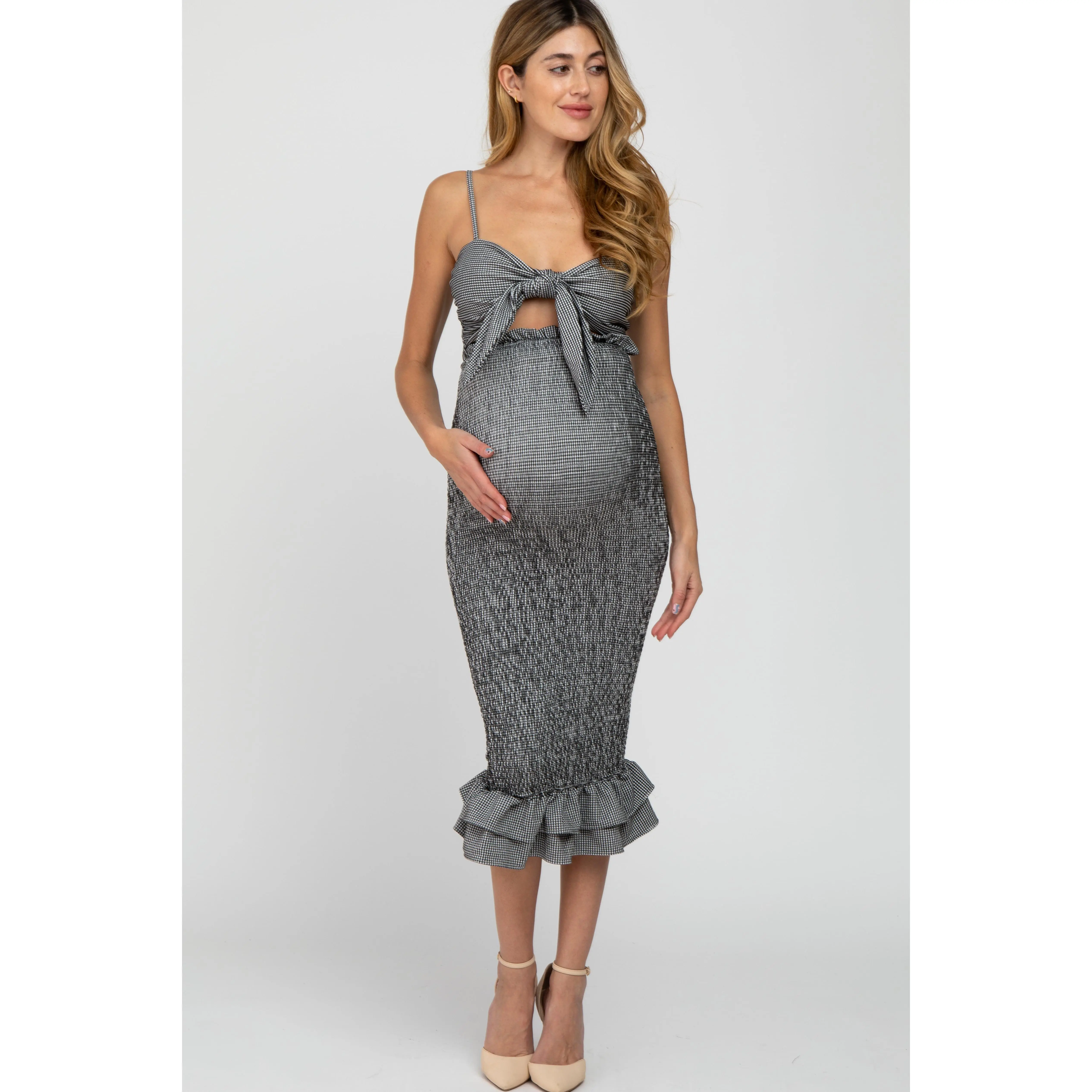 Black Gingham Print Smocked Fitted Self-Tie Maternity Midi Dress