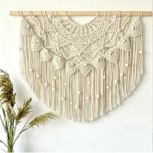 Khaki Boho Macrame Wall Hanging with Wooden Beads, Handmade Woven Tassel Curtain, Aesthetic Wall Tapestry for Bedroom Headboard, Living Room, Window Home Bohemian Decoration 31"W X 25"H