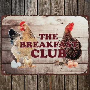 [Durable Build] Rustic "The Breakfast Club" Chicken Coop Metal Sign, 8x12 Inches – Humorous Farmhouse Decor with Chickens & Eggs, Durable Iron Wall Art for Outdoor Gardens, Perfect Gift for Chicken Lovers, Versatile Room Accent, C