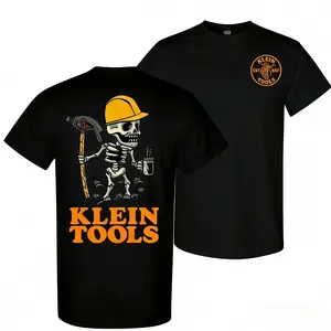Klein Tools 2 side T-Shirt – Skeleton Wearing Hard Hat Holding Coffee and Hammer Shirt, Perfect for Casual Wear , All size, Full color, Gift For Him - Her