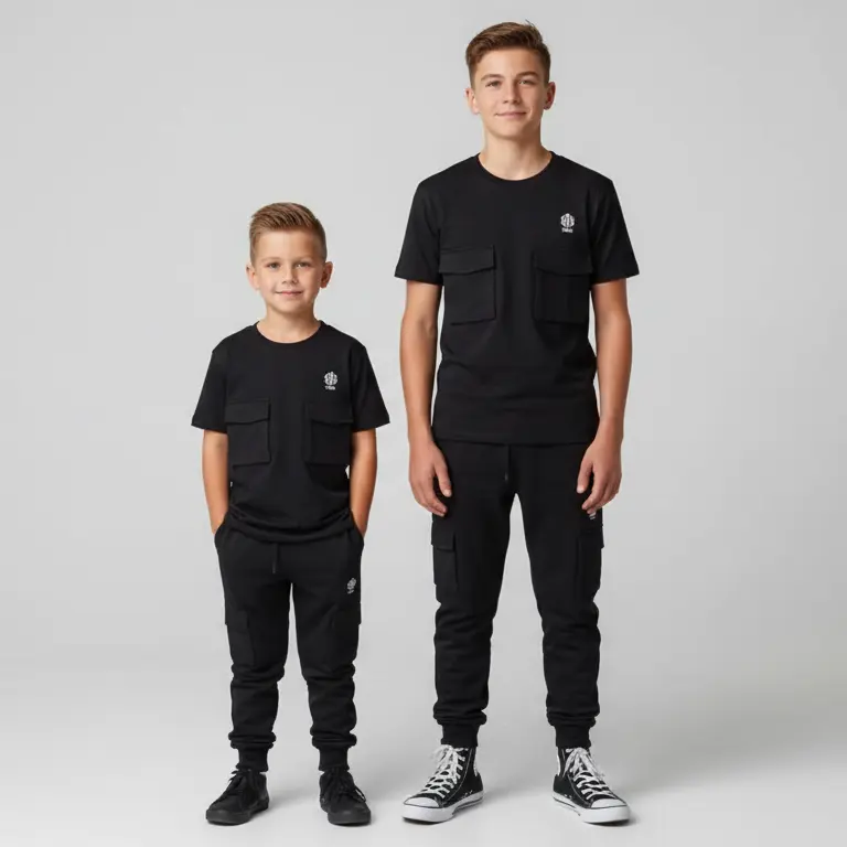 Kids Black Cargo Pocket T-Shirt & Jogger Set Edgy Teddy Bear Graphic Tactical Utility Streetwear Outfit Comfortable Stylish 60% Cotton 40% Polyester Bold Design Trendy Casual Look