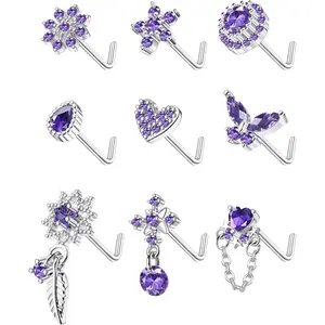 9Pcs 20G Nose Rings Studs for Women Stainless Steel Nose Stud L Shaped Cute Dangle Nose Rings Butterfly Heart Star Feather Flower CZ L Shaped Nose Ring Studs Silver Dangling Nose Piercing Jewerly