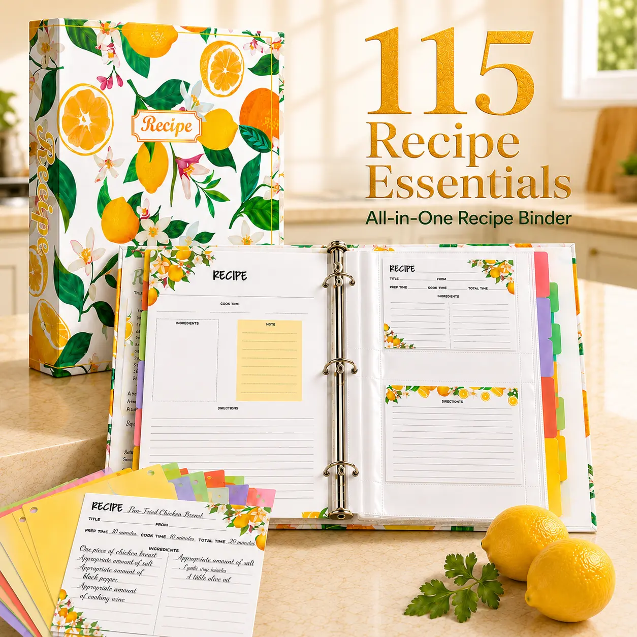 Recipe Binder Kit 8.5" x 11", 3 Ring Cookbook Organizer with 60 Recipe Cards, 30 Sheet Protectors, 8 Dividers, 15 Pages & 66 Labels, Lemon Floral