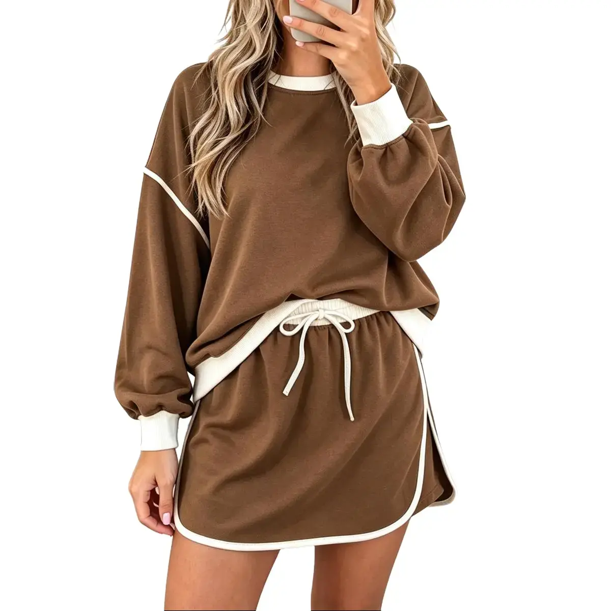 Mntaor Women's Contrast Loose Winteroutfit Long Sleeve Pullover and Lace-Up Waist Skort Set-Comfortable Fit for Chic Occasions Womenswear Outfit