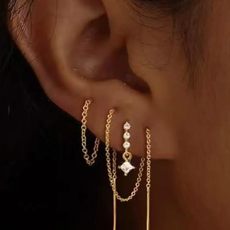 Dangle Earrings for Women Trendy, Dainty 14K Gold Plated Chain Earrings for Womens Simple Threader Earrings Stud Earrings Non Tarnish Hypoallergenic Long Drop Earrings Jewelry Set Earring Stack for Women Gifts Versatile Stackable Earrings